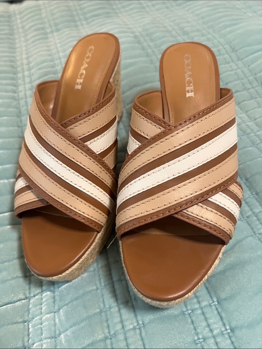 Coach Striped Tan and White Leather Wedge Slides